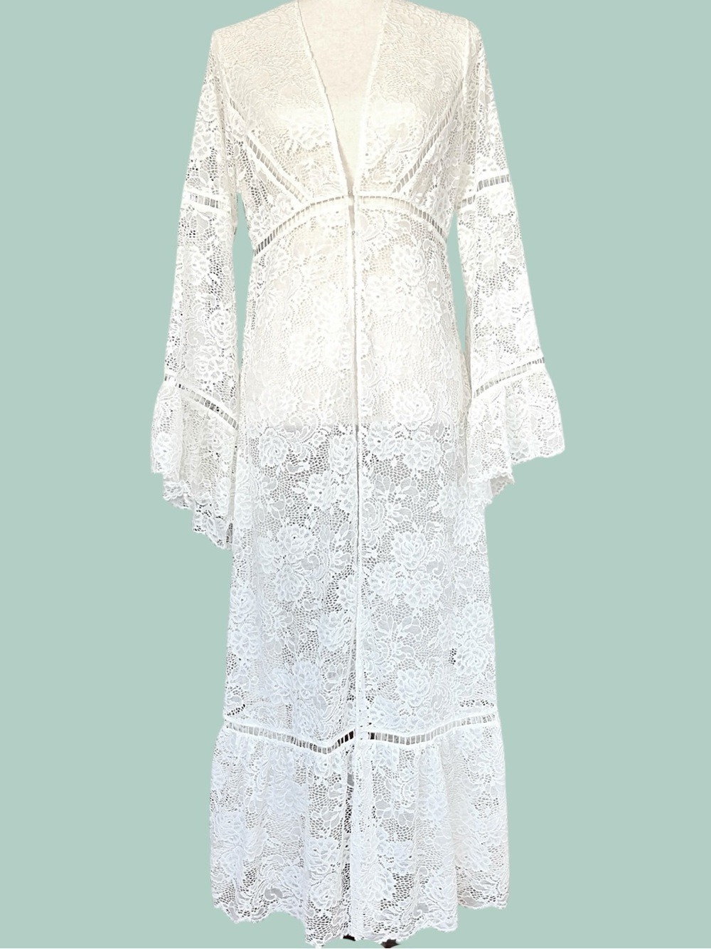 Curation Ivory Sheer Lace Heirloom Maxi S Pagoda Sleeve Festival Duster Top - Picture 1 of 12